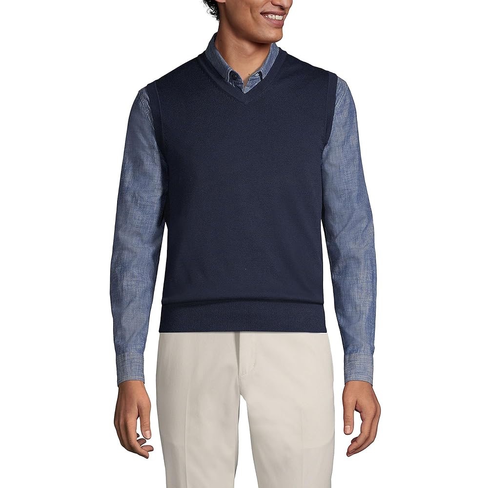 Lands' End Men's 100% Supima Cotton V-Neck Sweater Vest - Navy Large